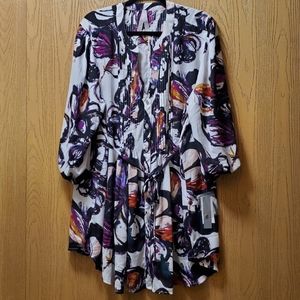 Long pintucked blouse, never worn.  Black, purple, white, mixed pattern